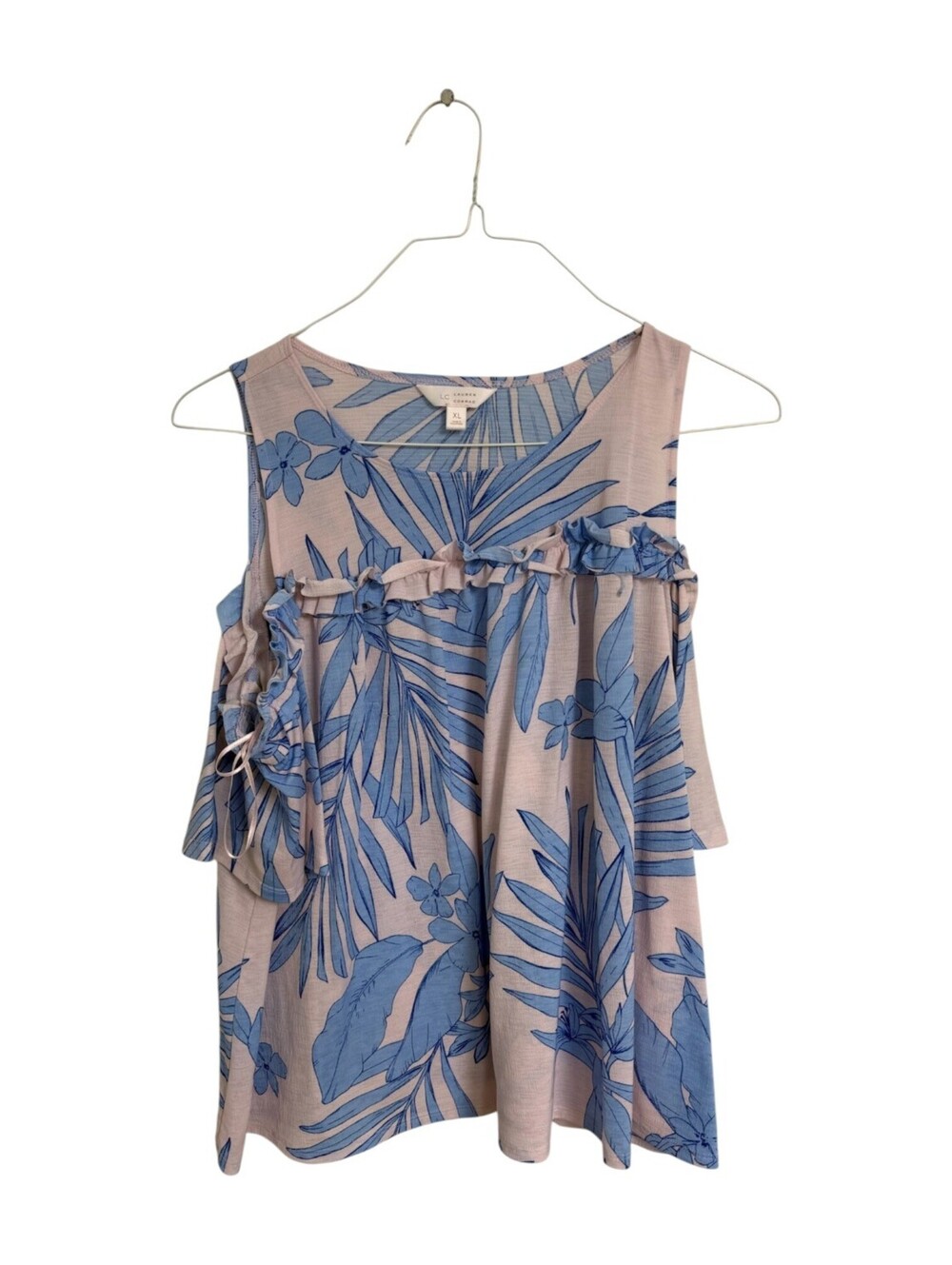 Lauren Conrad XL Blue and Beige Tropical Print Cold Shoulder Top Coastal Grandma